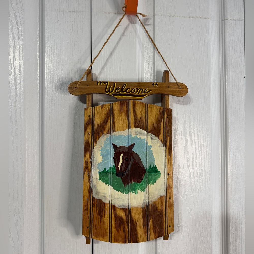 Wooden sleigh hand painted welcome horse wall door hanger